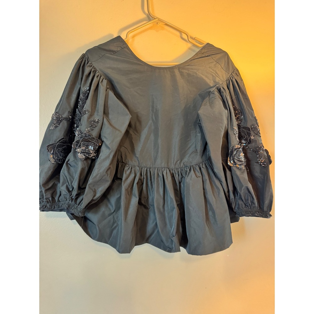 HM Conscious Exclusive Black Sequin Floral Puff Sleeve Peplum Top Blouse